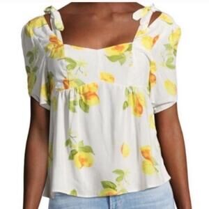 Saks Fifth Avenue Lemon Print Rayon Blouse Open Back Tie Sleeve S Resort Brunch